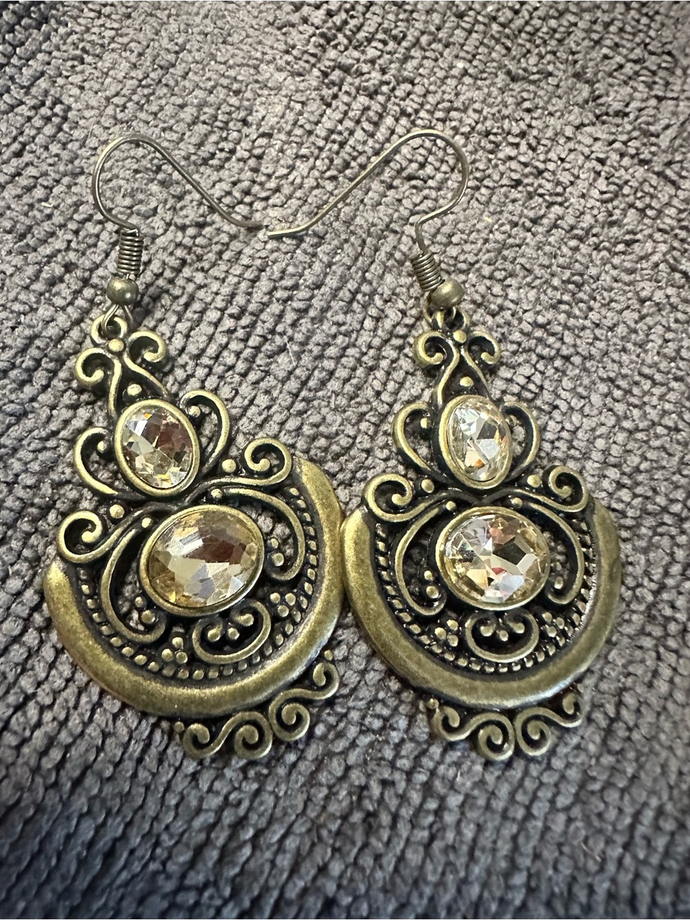 Antique Gold Filigree Drop Earrings with Clear Stones
